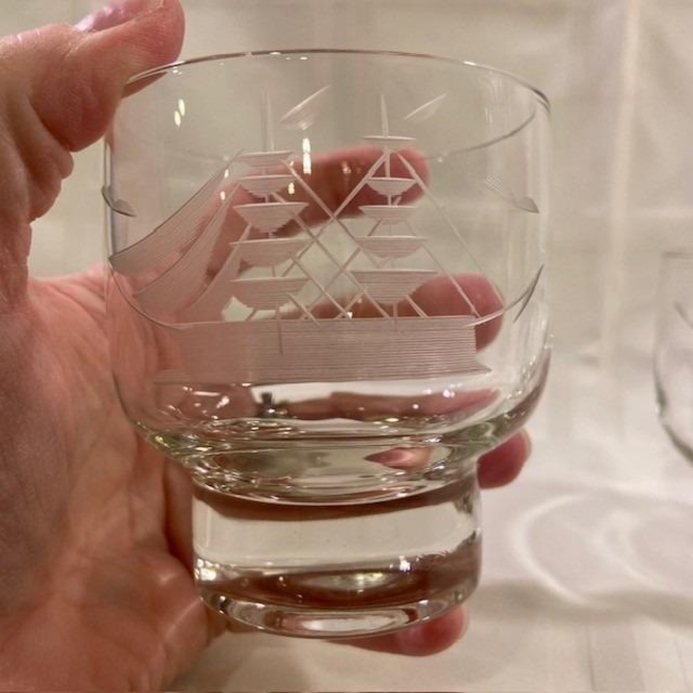 Vintage Etched Clipper Ship Rocks Glasses Set of 2 Nautical Whiskey Lowball MCM